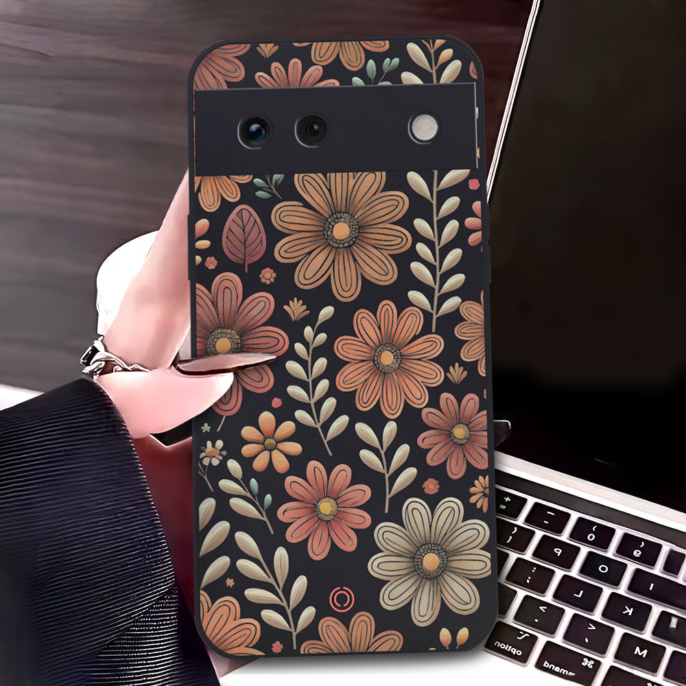 Google Pixel 6a Cover - Black - D4 - ONation Floral Series - HQ Liquid Silicone Soft Case