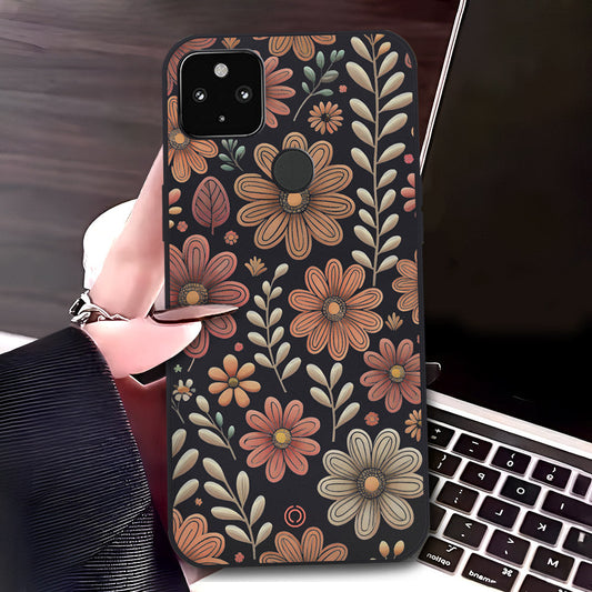Google Pixel 5 Cover - Black - D4 - ONation Floral Series - HQ Liquid Silicone Soft Case