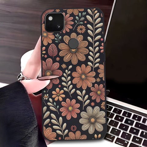 Google Pixel 4a 4G Cover - Black - D4 - ONation Floral Series - HQ Liquid Silicone Soft Case