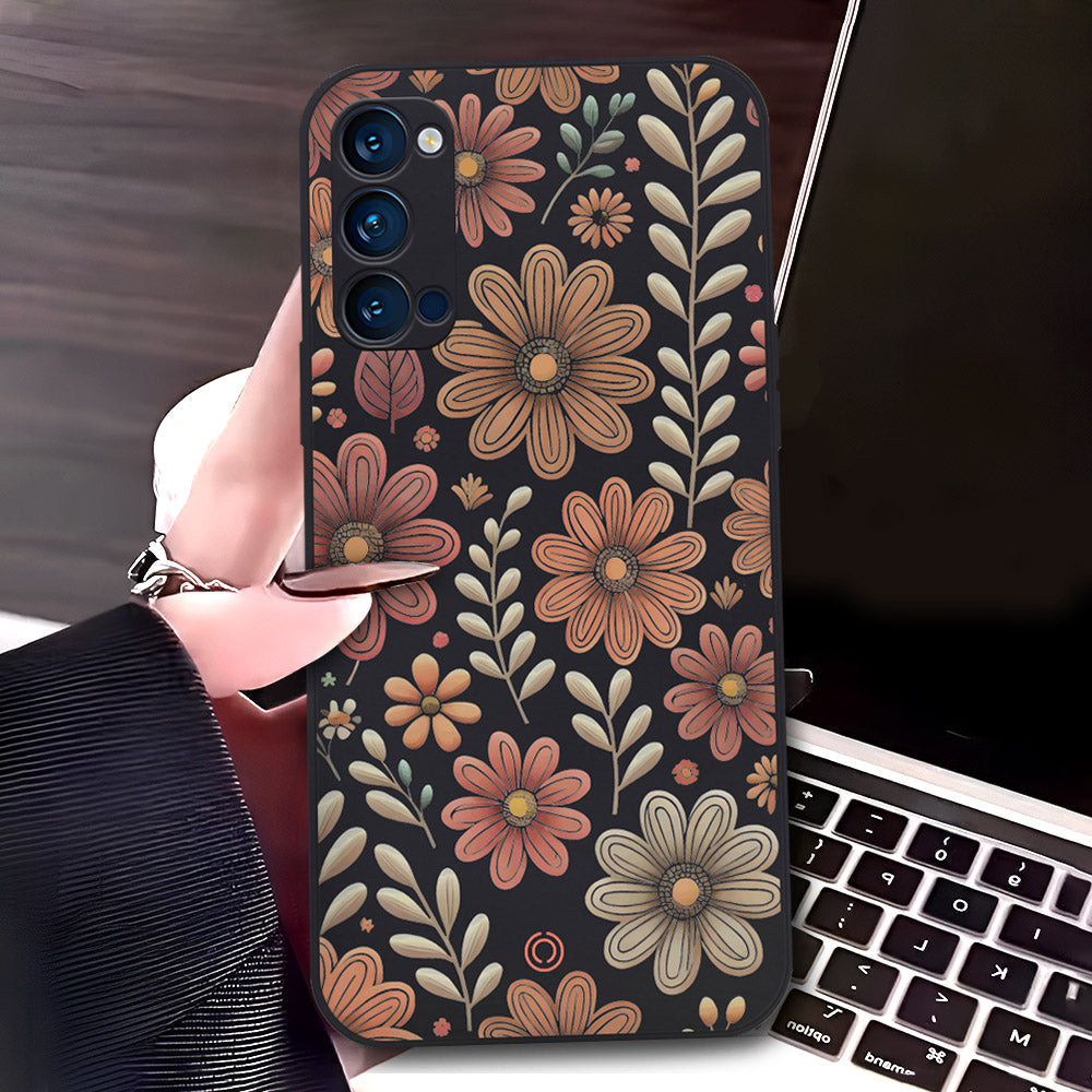 Oppo Reno 4 Cover - Black - D4 - ONation Floral Series - HQ Liquid Silicone Soft Case