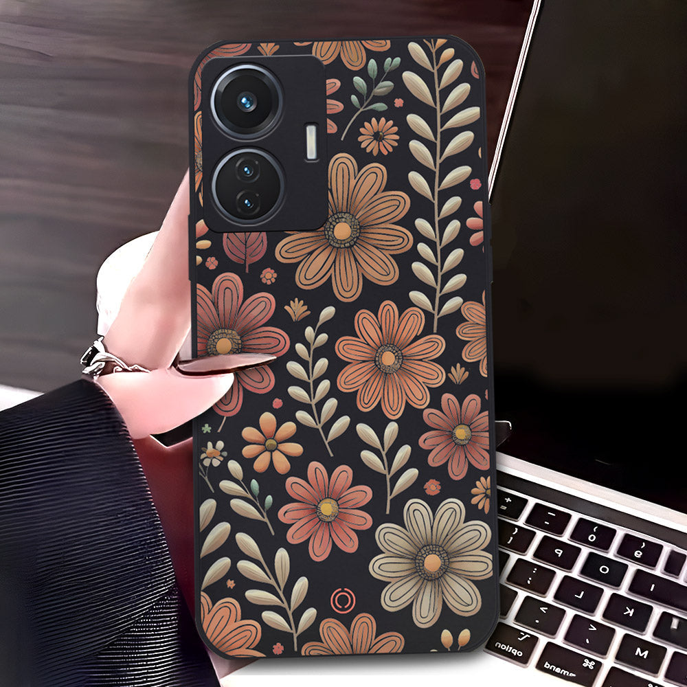 Vivo T1 44W Cover - Black - D4 - ONation Floral Series - HQ Liquid Silicone Soft Case
