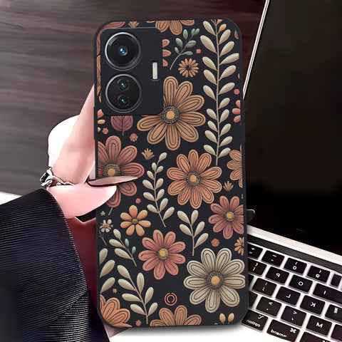Vivo T1 44W Cover - Black - D4 - ONation Floral Series - HQ Liquid Silicone Soft Case
