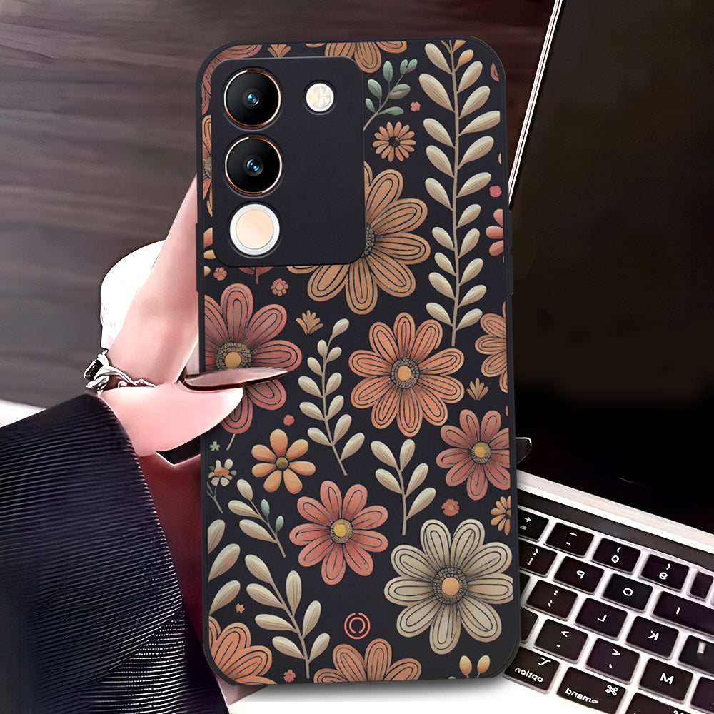 Vivo V29e Cover - Black - D4 - ONation Floral Series - HQ Liquid Silicone Soft Case