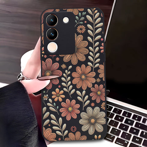 Vivo V29e Cover - Black - D4 - ONation Floral Series - HQ Liquid Silicone Soft Case