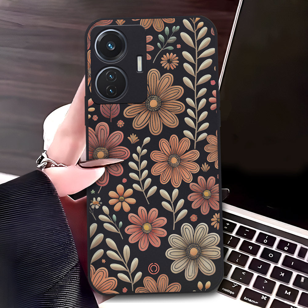 Vivo S15e Cover - Black - D4 - ONation Floral Series - HQ Liquid Silicone Soft Case