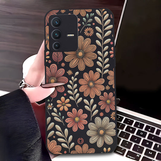 Vivo V23 5G Cover - Black - D4 - ONation Floral Series - HQ Liquid Silicone Soft Case