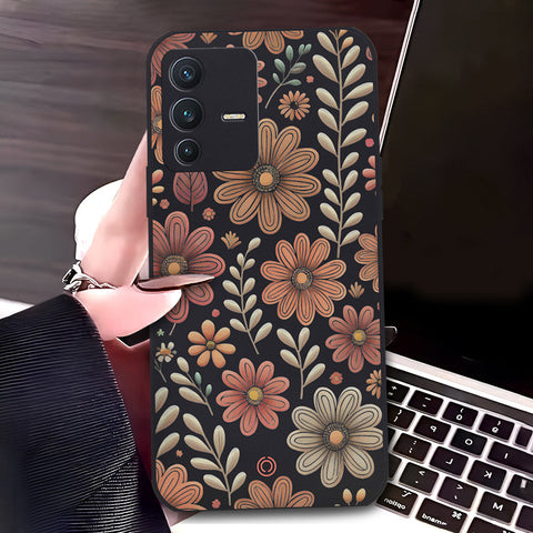 Vivo V23 5G Cover - Black - D4 - ONation Floral Series - HQ Liquid Silicone Soft Case