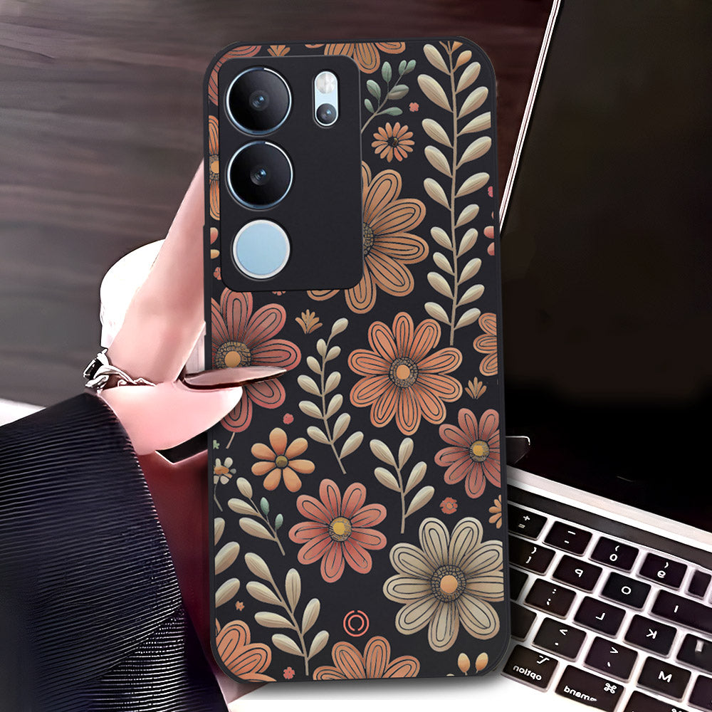Vivo V29 Cover - Black - D4 - ONation Floral Series - HQ Liquid Silicone Soft Case