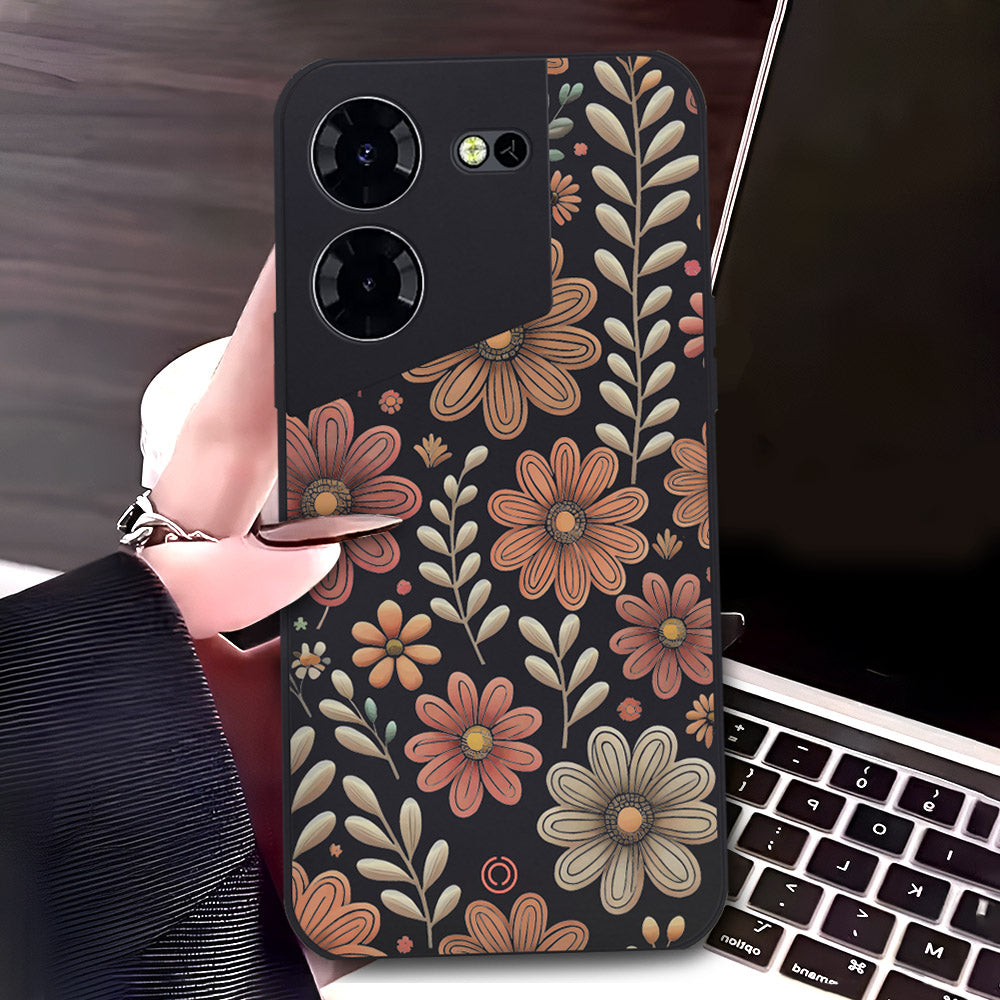 Tecno Pova 5 Cover - Black - D4 - ONation Floral Series - HQ Liquid Silicone Soft Case
