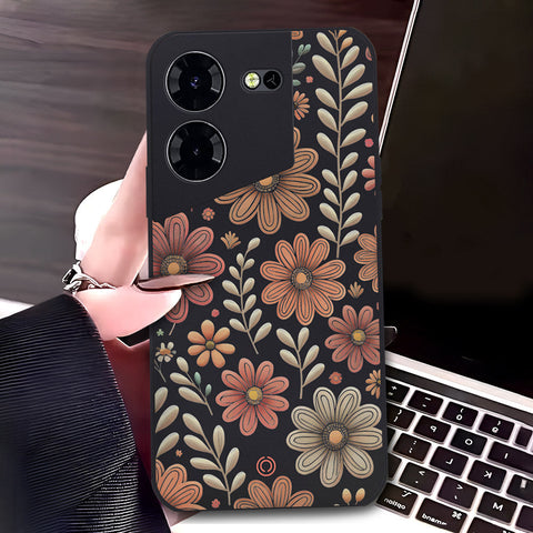 Tecno Pova 5 Cover - Black - D4 - ONation Floral Series - HQ Liquid Silicone Soft Case