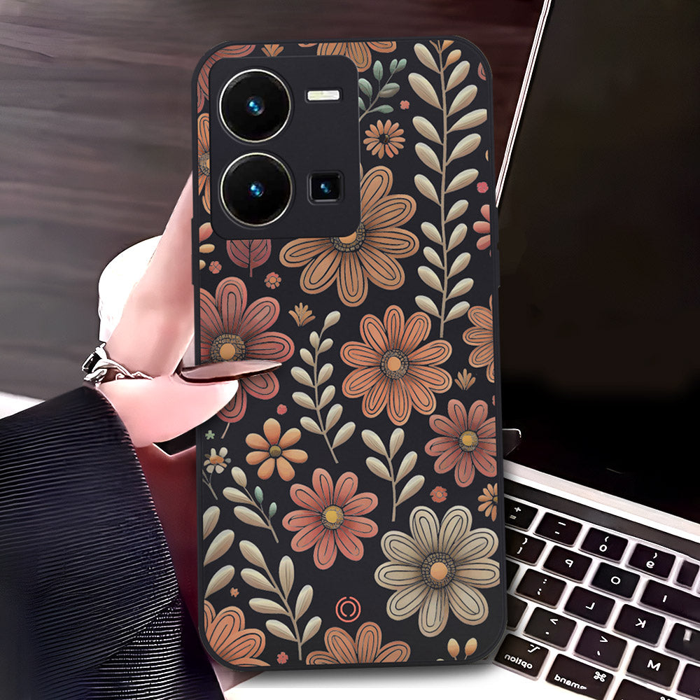Vivo Y35 4G Cover - Black - D4 - ONation Floral Series - HQ Liquid Silicone Soft Case (Fast Delivery)(W)