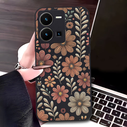 Vivo Y35 4G Cover - Black - D4 - ONation Floral Series - HQ Liquid Silicone Soft Case (Fast Delivery)(W)