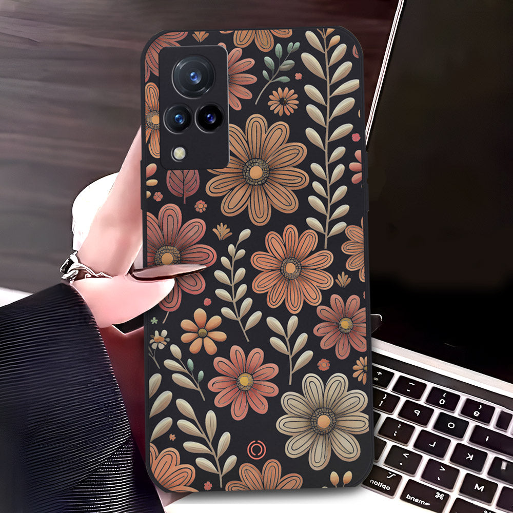 Vivo V21s Cover - Black - D4 - ONation Floral Series - HQ Liquid Silicone Soft Case