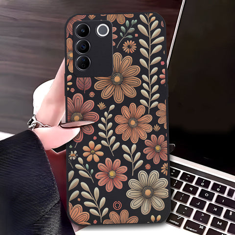 Vivo V27e Cover - Black - D4 - ONation Floral Series - HQ Liquid Silicone Soft Case