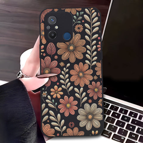 Xiaomi Redmi 12C Cover - Black - D4 - ONation Floral Series - HQ Liquid Silicone Soft Case