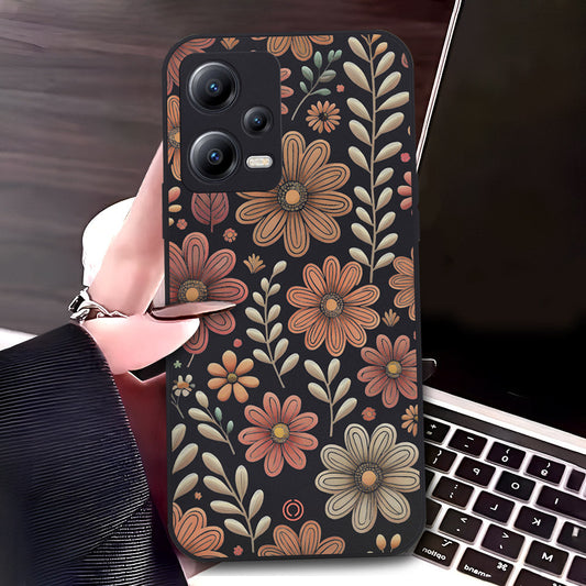 Xiaomi Redmi Note 12 5G Cover - Black - D4 - ONation Floral Series - HQ Liquid Silicone Soft Case
