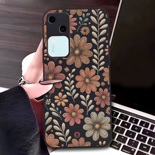 Vivo V30 Cover - Black - D4 - ONation Floral Series - HQ Liquid Silicone Soft Case