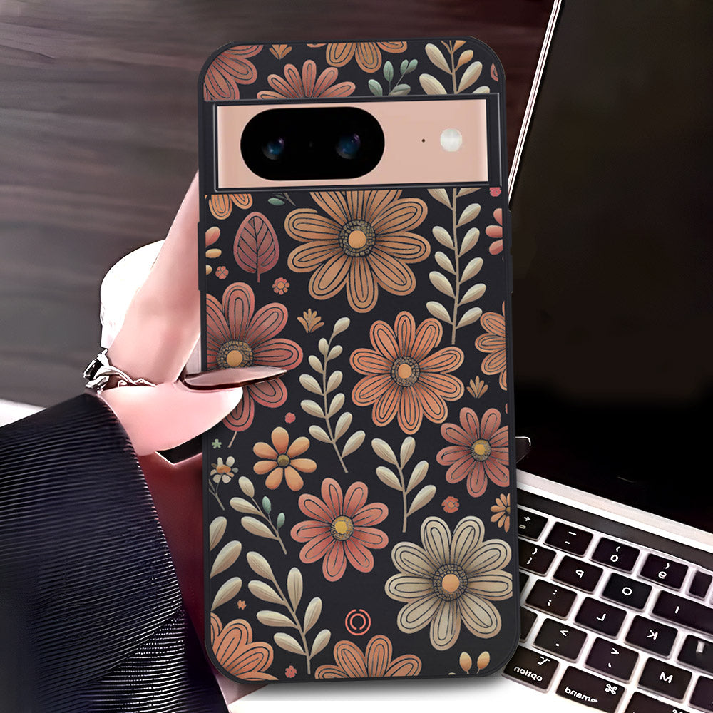 Google Pixel 8a Cover - Black - D4 - ONation Floral Series - HQ Liquid Silicone Soft Case