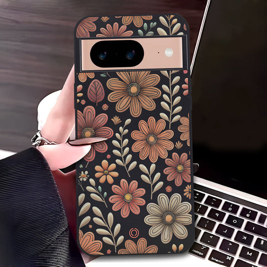Google Pixel 8a Cover - Black - D4 - ONation Floral Series - HQ Liquid Silicone Soft Case