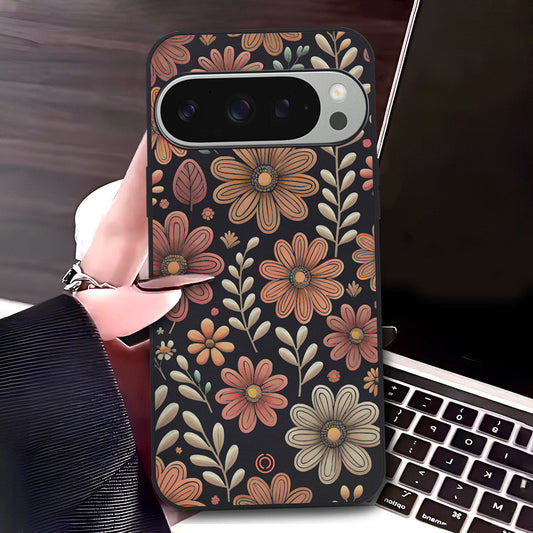 Google Pixel 9 Pro XL Cover - Black - D4 - ONation Floral Series - HQ Liquid Silicone Soft Case
