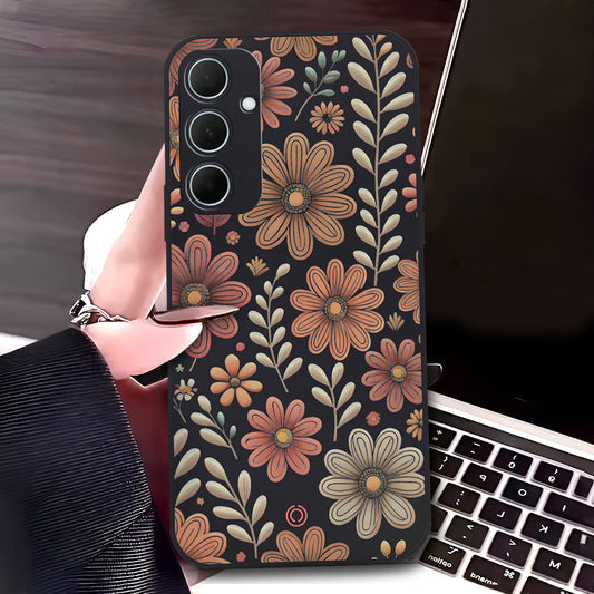 Samsung Galaxy A35 Cover - Black - D4 - ONation Floral Series - HQ Liquid Silicone Soft Case