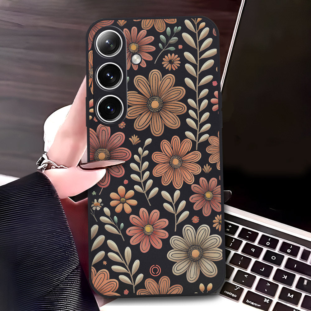 Samsung Galaxy S25 Cover - Black - D4 - ONation Floral Series - HQ Liquid Silicone Soft Case (Fast Delivery)(U)