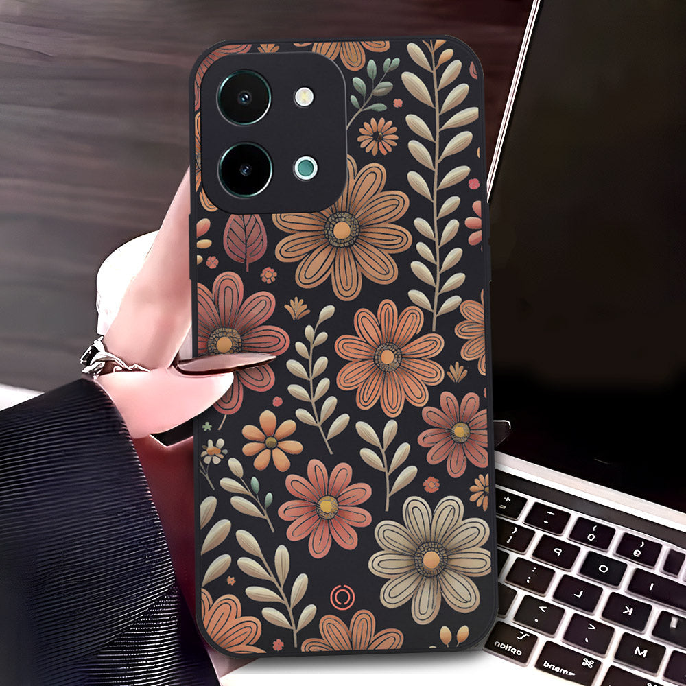 Vivo Y28 4G Cover - Black - D4 - ONation Floral Series - HQ Liquid Silicone Soft Case