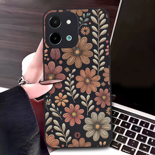 Vivo Y28 4G Cover - Black - D4 - ONation Floral Series - HQ Liquid Silicone Soft Case