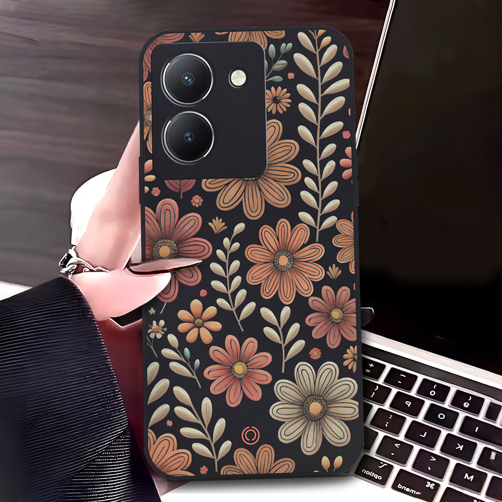 Vivo Y36 4G Cover - Black - D4 - ONation Floral Series - HQ Liquid Silicone Soft Case