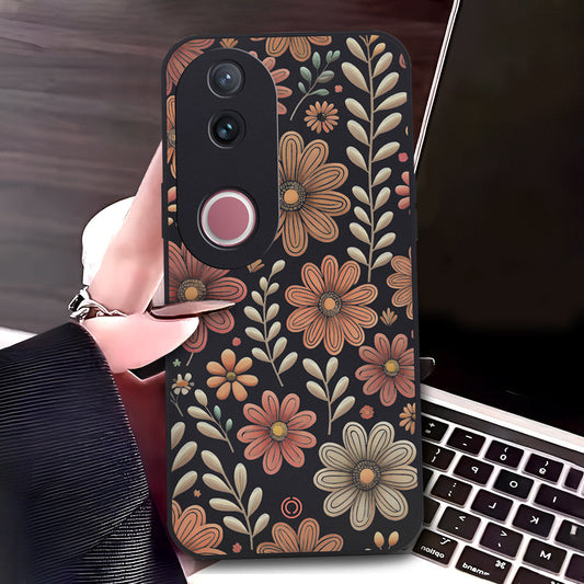 Vivo V50 Cover - Black - D4 - ONation Floral Series - HQ Liquid Silicone Soft Case
