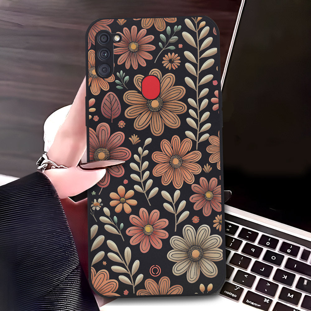 Samsung Galaxy M11 Cover - Black - D4 - ONation Floral Series - HQ Liquid Silicone Soft Case