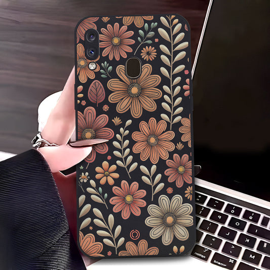 Samsung Galaxy A30 Cover - Black - D4 - ONation Floral Series - HQ Liquid Silicone Soft Case