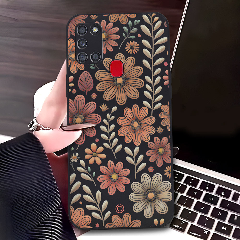 Samsung Galaxy A21s Cover - Black - D4 - ONation Floral Series - HQ Liquid Silicone Soft Case