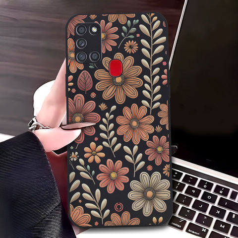 Samsung Galaxy A21s Cover - Black - D4 - ONation Floral Series - HQ Liquid Silicone Soft Case