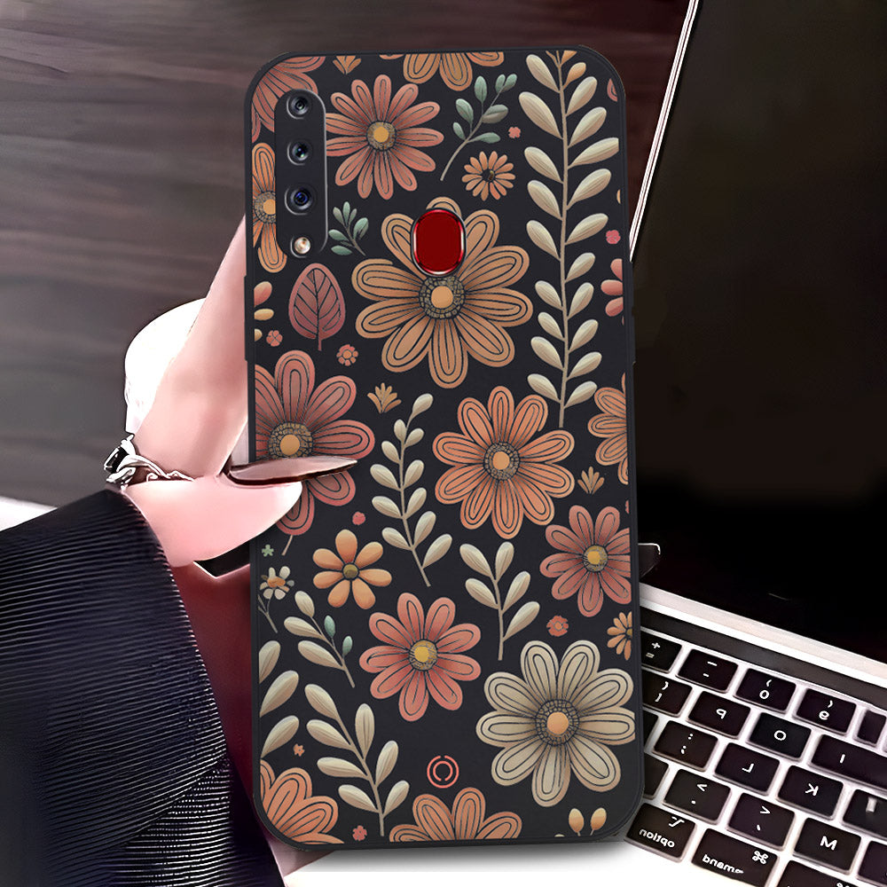 Samsung Galaxy A20s Cover - Black - D4 - ONation Floral Series - HQ Liquid Silicone Soft Case