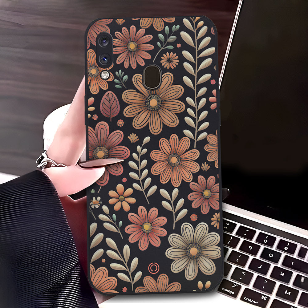 Samsung Galaxy A20 Cover - Black - D4 - ONation Floral Series - HQ Liquid Silicone Soft Case