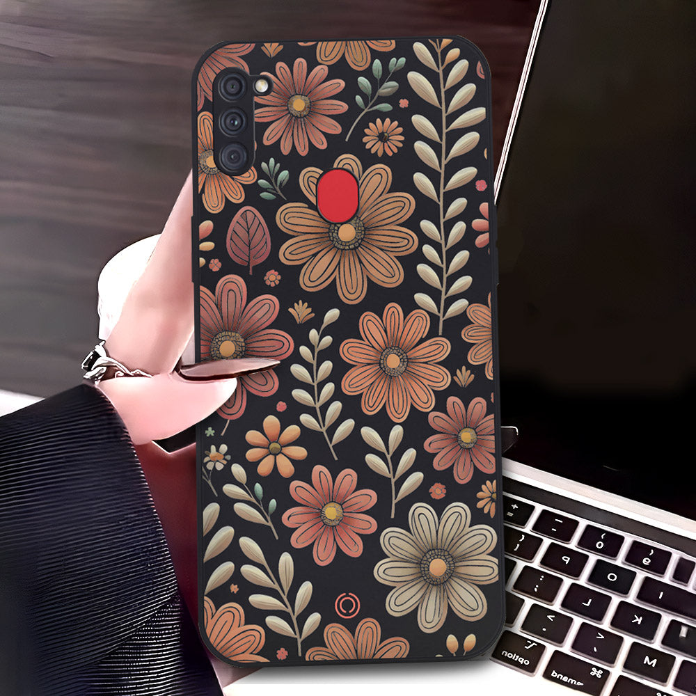 Samsung Galaxy A11 Cover - Black - D4 - ONation Floral Series - HQ Liquid Silicone Soft Case