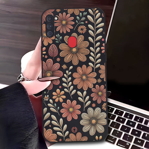 Samsung Galaxy A11 Cover - Black - D4 - ONation Floral Series - HQ Liquid Silicone Soft Case