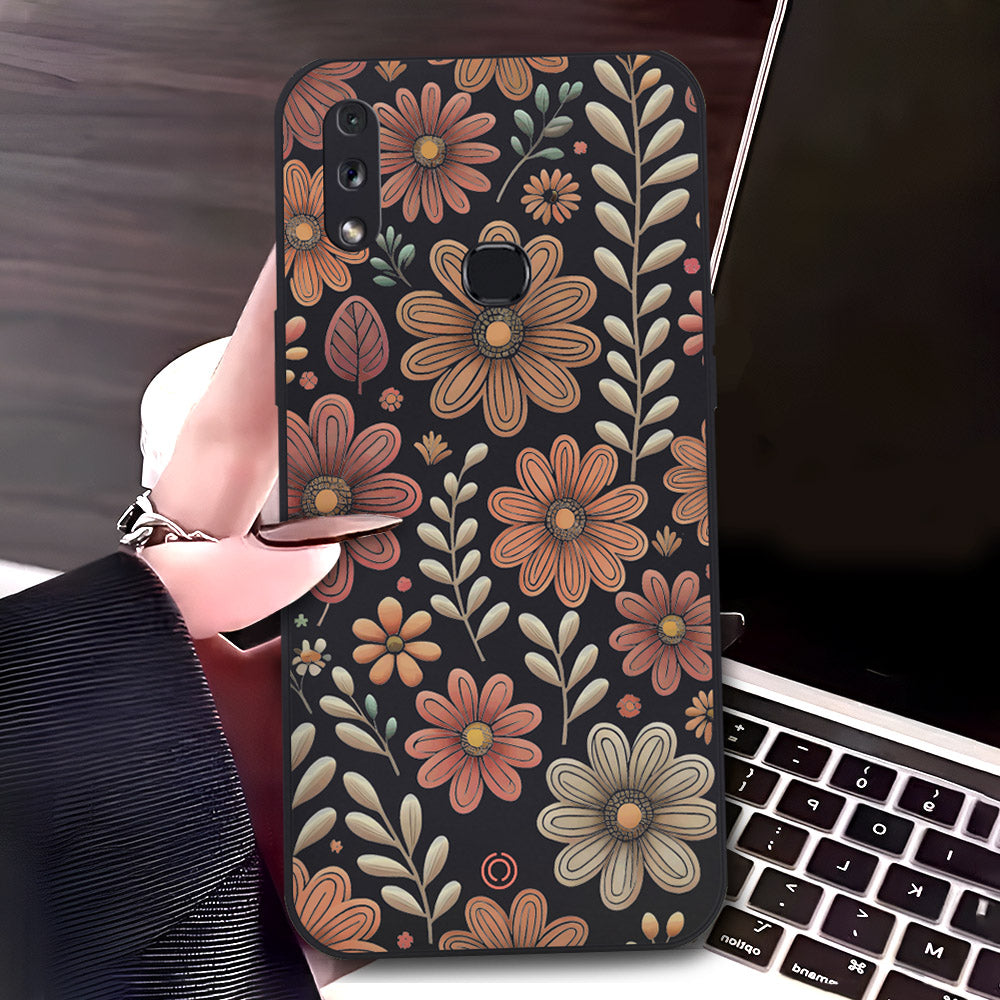 Samsung Galaxy A10s Cover - Black - D4 - ONation Floral Series - HQ Liquid Silicone Soft Case