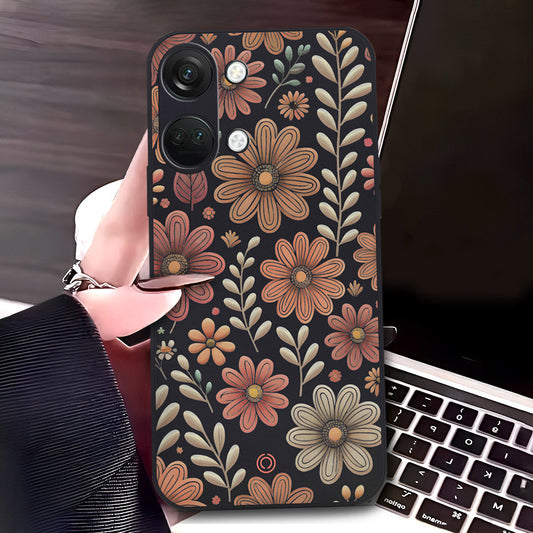 OnePlus Ace 2V Cover - Black - D4 - ONation Floral Series - HQ Liquid Silicone Soft Case