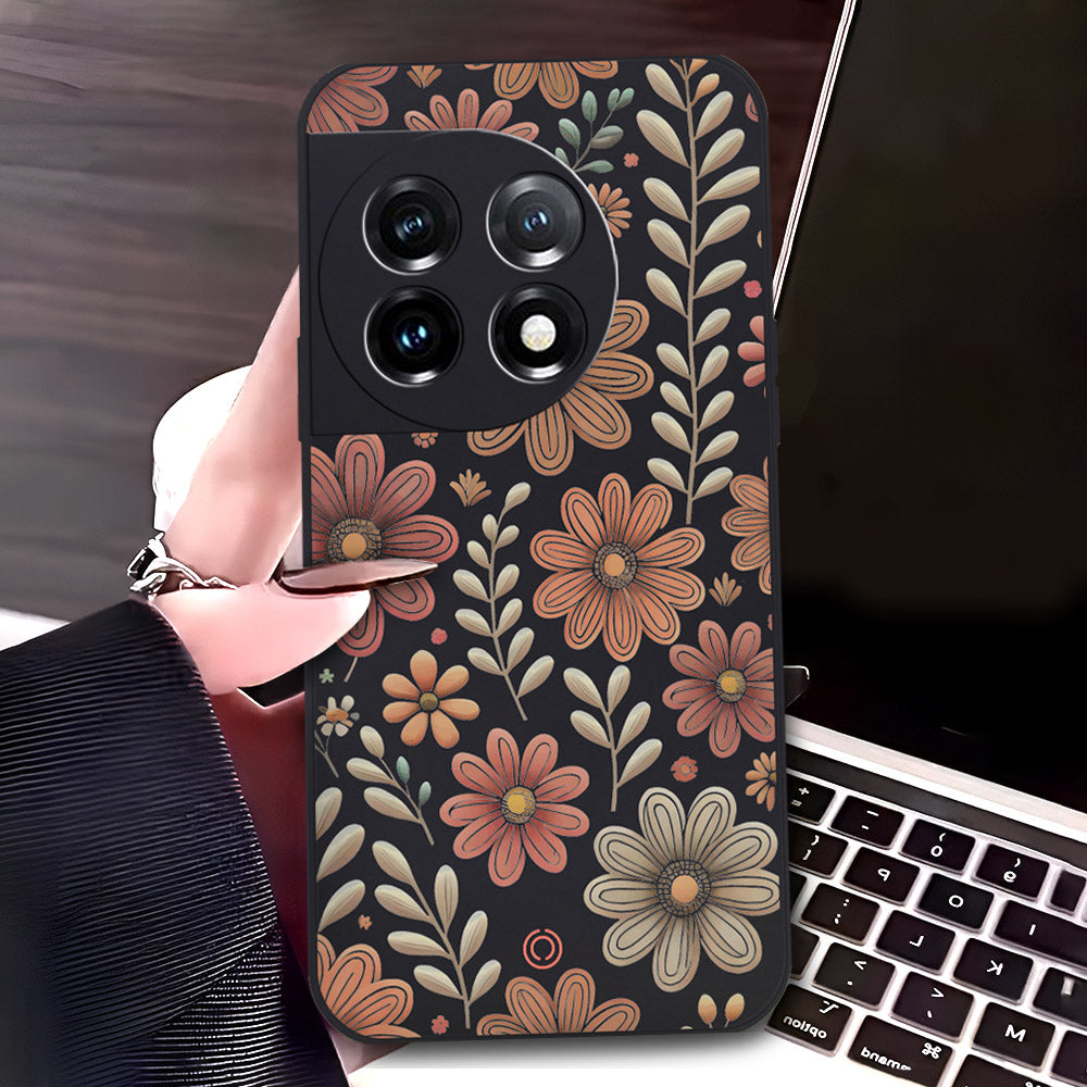 OnePlus 11 Cover - Black - D4 - ONation Floral Series - HQ Liquid Silicone Soft Case