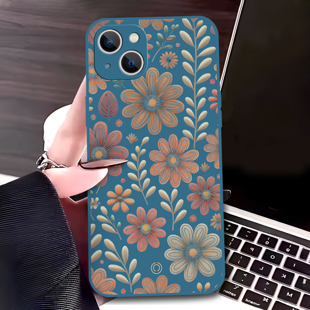 iPhone 13 Cover - Blue - D4 - ONation Floral Series - HQ Liquid Silicone Soft Case