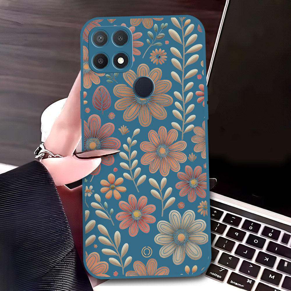 Oppo A15 Cover - Blue - D4 - ONation Floral Series - HQ Liquid Silicone Soft Case