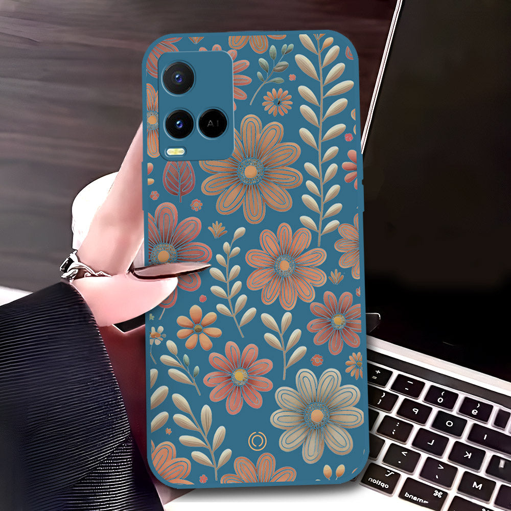 Vivo Y21t Cover - Blue - D4 - ONation Floral Series - HQ Liquid Silicone Soft Case