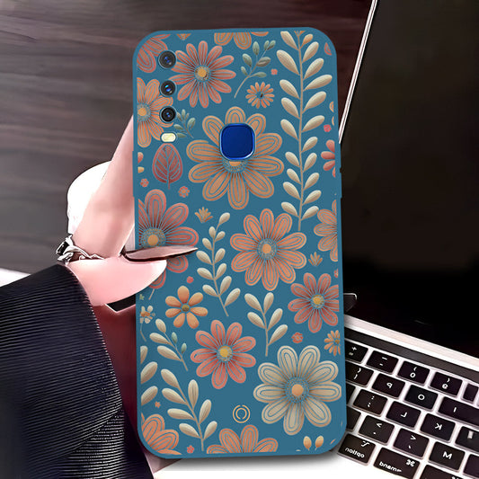 Vivo Y17 Cover - Blue - D4 - ONation Floral Series - HQ Liquid Silicone Soft Case