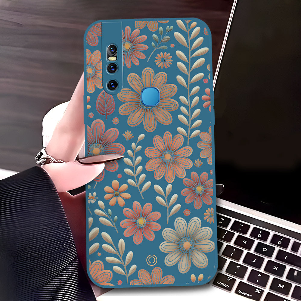 Vivo V15 Cover - Blue - D4 - ONation Floral Series - HQ Liquid Silicone Soft Case