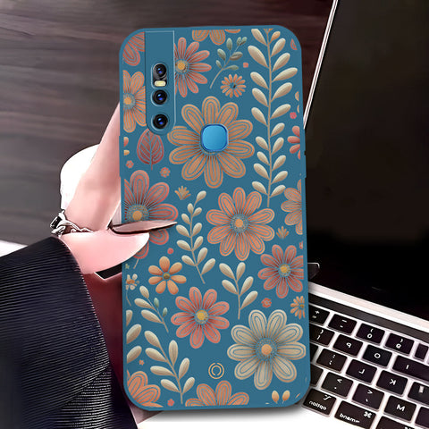 Vivo V15 Cover - Blue - D4 - ONation Floral Series - HQ Liquid Silicone Soft Case
