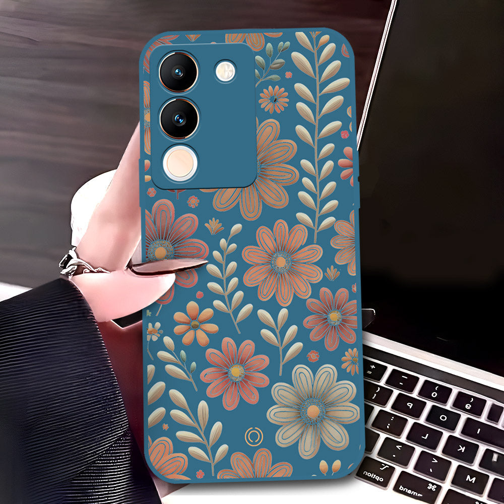 Vivo V29e Cover - Blue - D4 - ONation Floral Series - HQ Liquid Silicone Soft Case