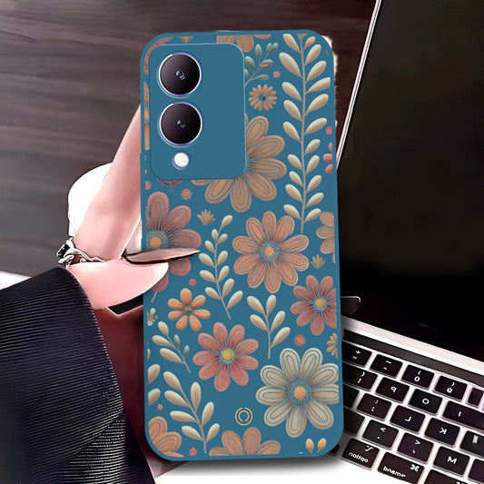 Vivo Y17s Cover - Blue - D4 - ONation Floral Series - HQ Liquid Silicone Soft Case