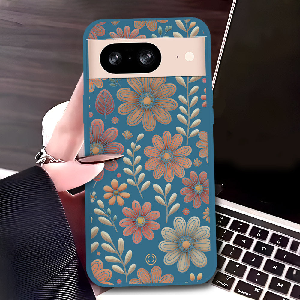 Google Pixel 8 Cover - Blue - D4 - ONation Floral Series - HQ Liquid Silicone Soft Case